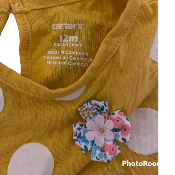 NWT Carter’s Long Sleeve Yellow and White Polka Dot Peplum One Piece 12 Months - Picture 3 of 4
